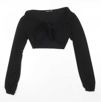 Boohoo Womens Black Polyester Cropped Blouse Size 6 Boat Neck