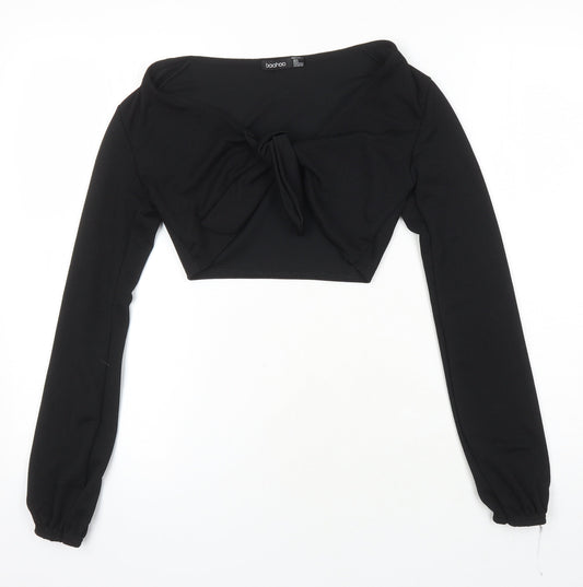 Boohoo Womens Black Polyester Cropped Blouse Size 6 Boat Neck