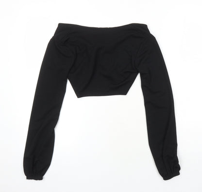 Boohoo Womens Black Polyester Cropped Blouse Size 6 Boat Neck