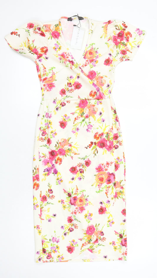 Pixie Girl Womens Multicoloured Floral Polyester Pencil Dress Size 8 V-Neck