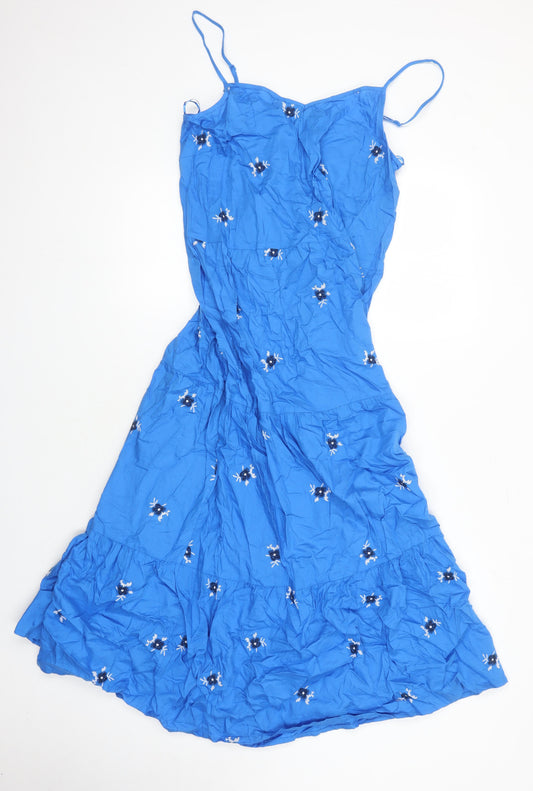 M&S Womens Blue 100% Cotton Shift Size 12 Square Neck - Embroidered Flowers