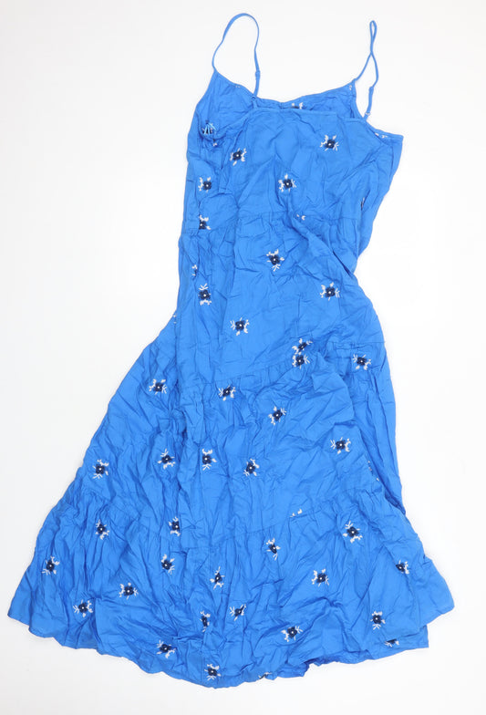 M&S Womens Blue 100% Cotton Shift Size 12 Square Neck - Embroidered Flowers