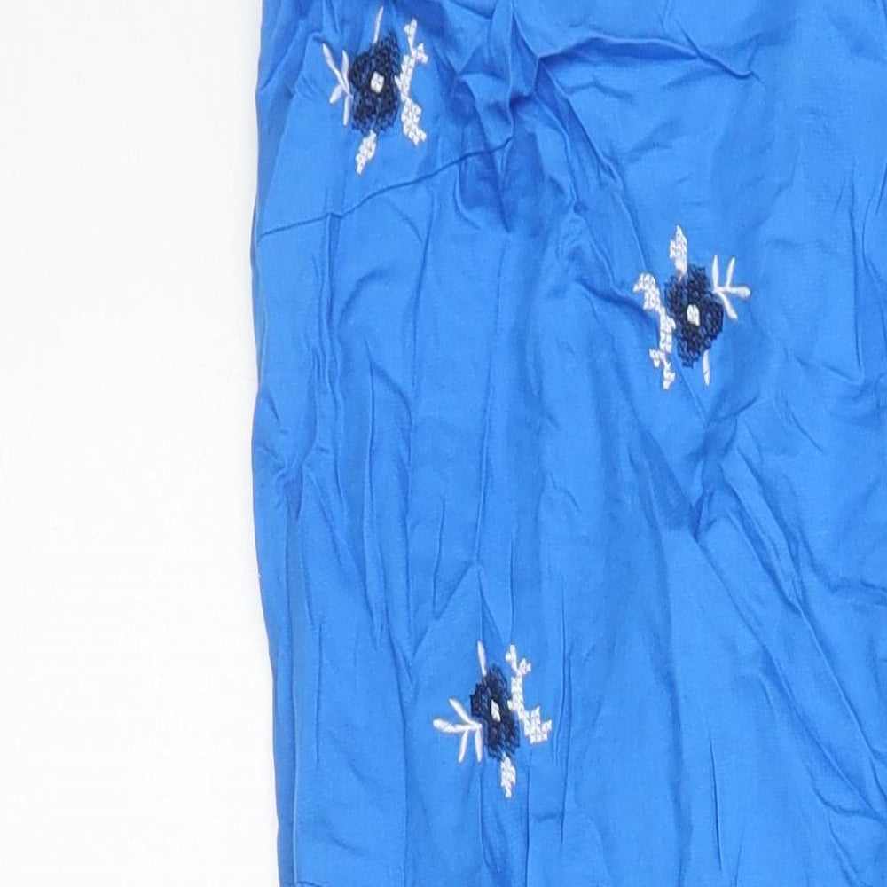 M&S Womens Blue 100% Cotton Shift Size 12 Square Neck - Embroidered Flowers