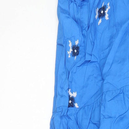 M&S Womens Blue 100% Cotton Shift Size 12 Square Neck - Embroidered Flowers