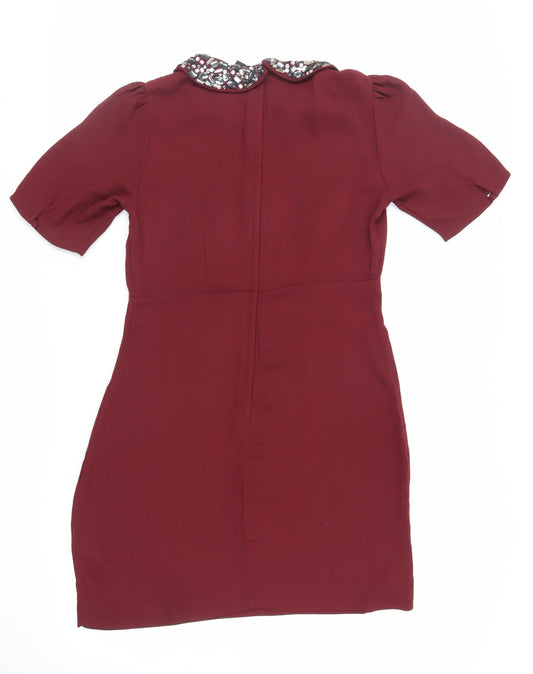 H&M Womens Red Polyester Shift Size 10 Collared Zip - Embellished Collar
