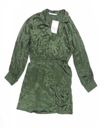Zara Womens Green Viscose Shirt Dress Size M Collared Zip