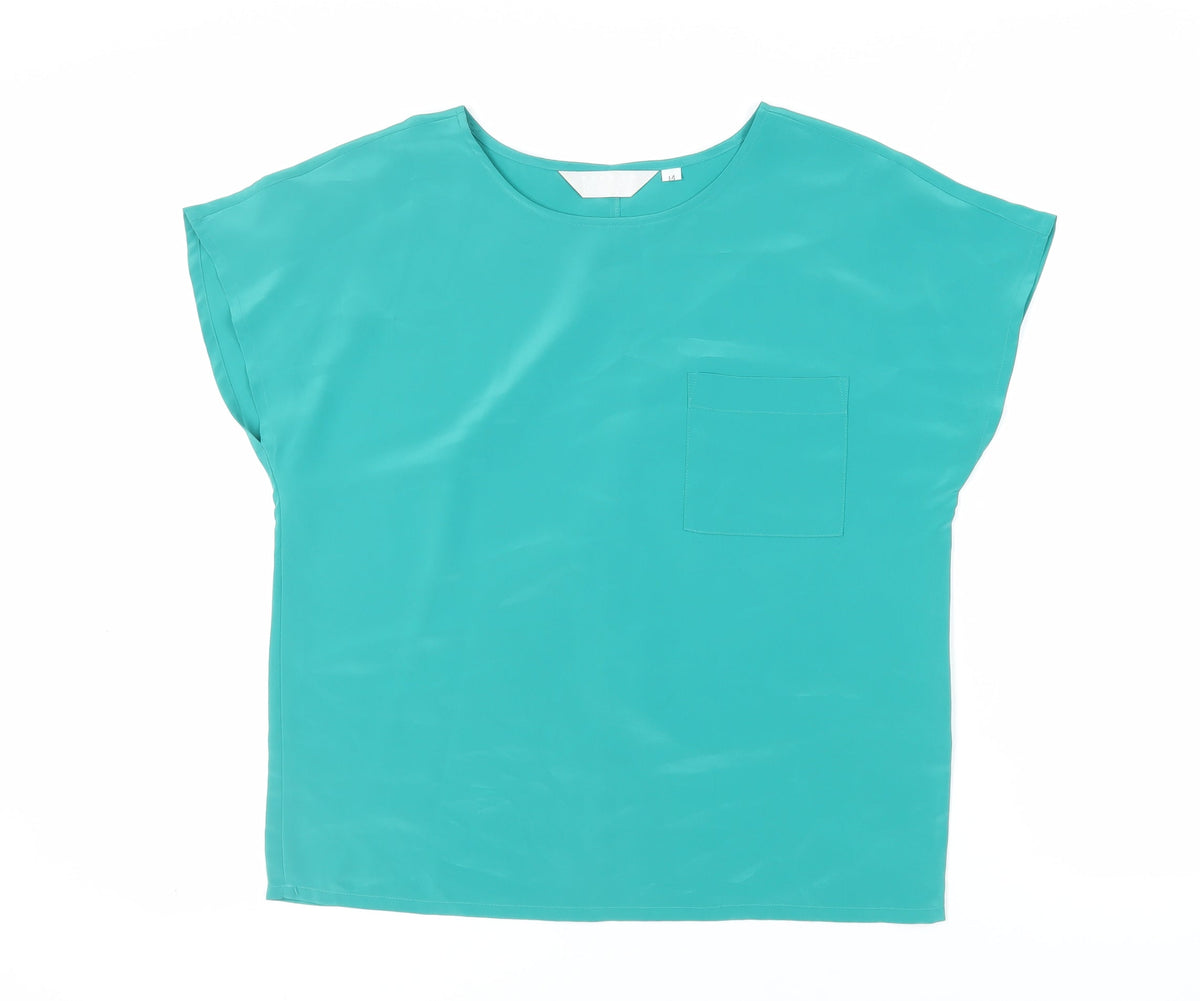 Back to Basix Womens Green Polyester Basic Blouse Size 14 Round Neck