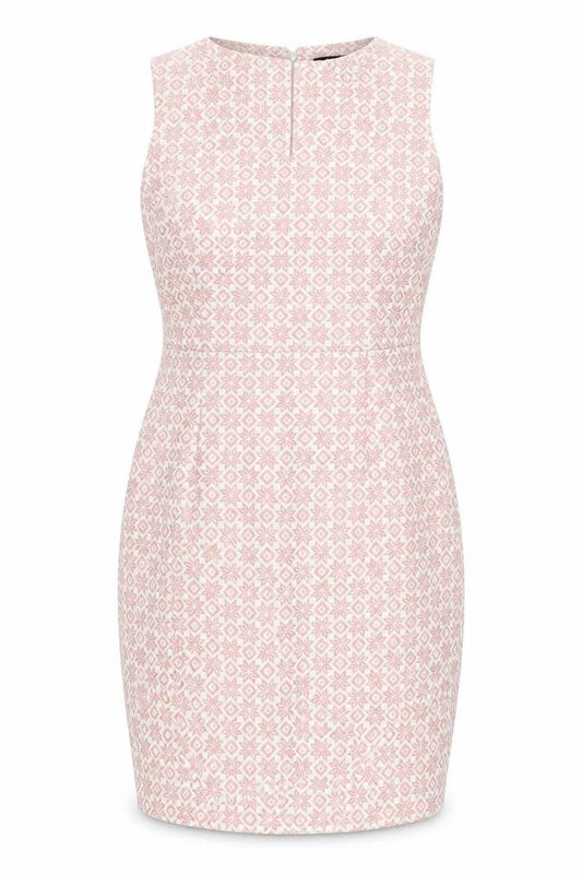Front view of Collection London women’s pink geometric polyester pencil dress, size UK 14, v-neck zip