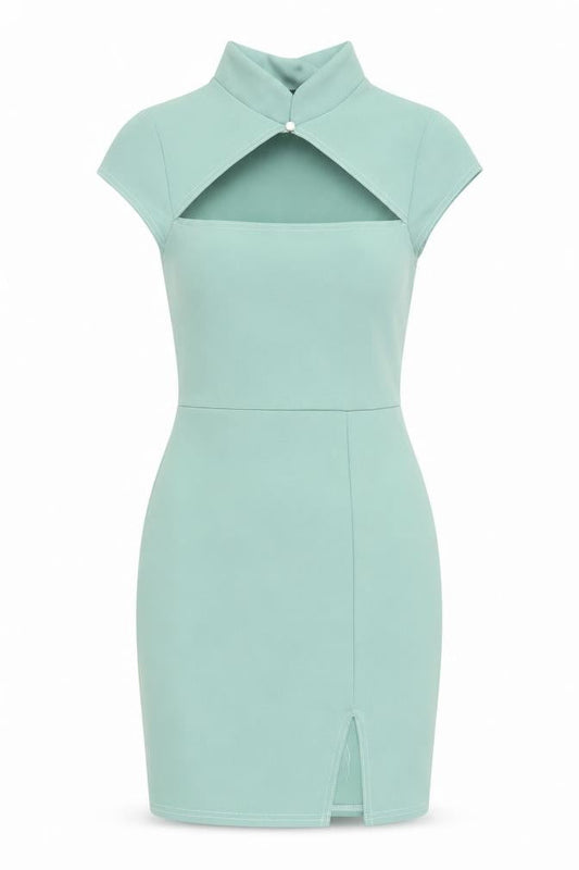 Front view of I SAW IT FIRST women’s green polyester mini, size UK 10, mock neck button - cut out detail