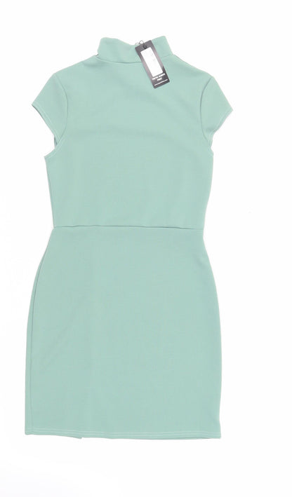 I SAW IT FIRST Womens Green Polyester Mini Size 10 Mock Neck Button - Cut Out Detail