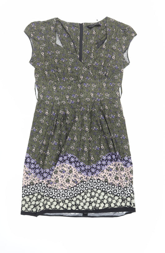 Dorothy Perkins Womens Green Floral Cotton A-Line Size 14 V-Neck Zip
