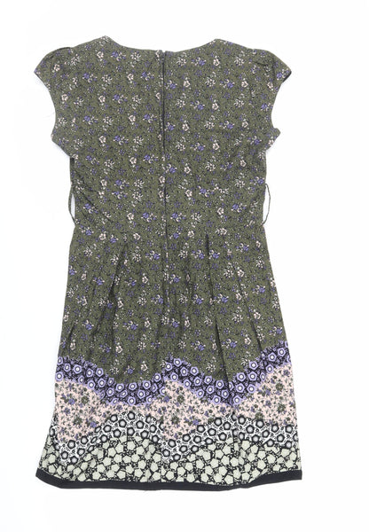 Dorothy Perkins Womens Green Floral Cotton A-Line Size 14 V-Neck Zip