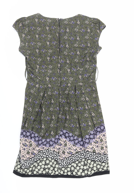 Dorothy Perkins Womens Green Floral Cotton A-Line Size 14 V-Neck Zip
