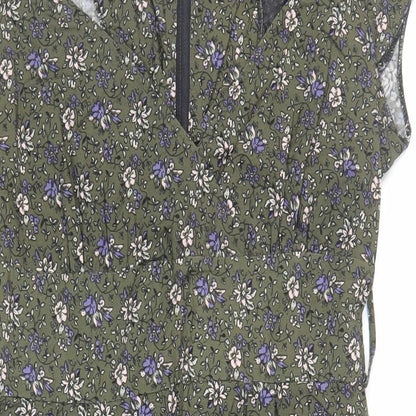 Dorothy Perkins Womens Green Floral Cotton A-Line Size 14 V-Neck Zip