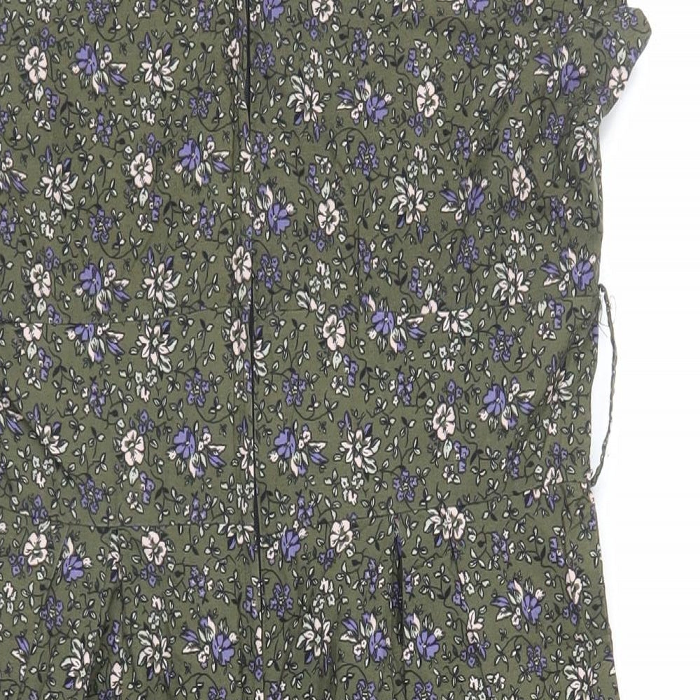 Dorothy Perkins Womens Green Floral Cotton A-Line Size 14 V-Neck Zip