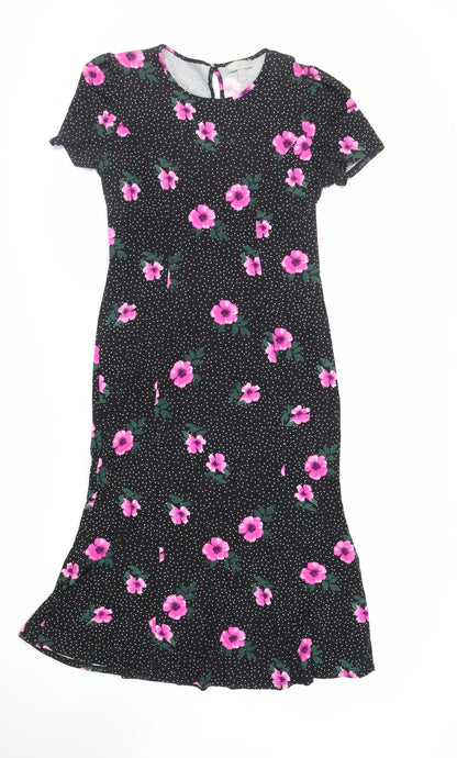 ASOS Womens Black Floral Viscose A-Line Size 14 Round Neck Button