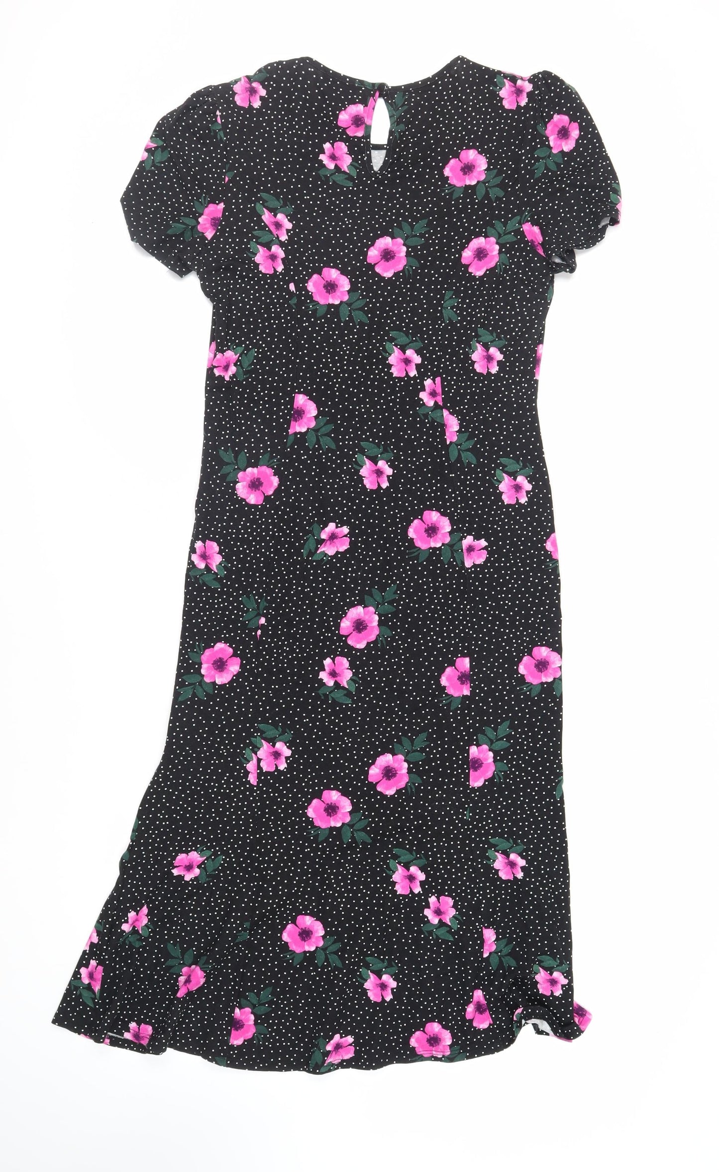 ASOS Womens Black Floral Viscose A-Line Size 14 Round Neck Button