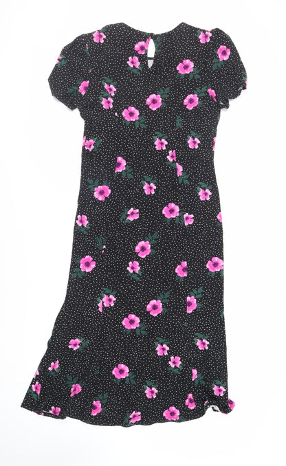 ASOS Womens Black Floral Viscose A-Line Size 14 Round Neck Button