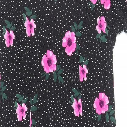 ASOS Womens Black Floral Viscose A-Line Size 14 Round Neck Button