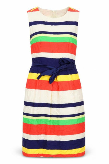 Clements Ribeiro Womens Multicoloured Striped Linen A-Line Size 10 Round Neck Zip