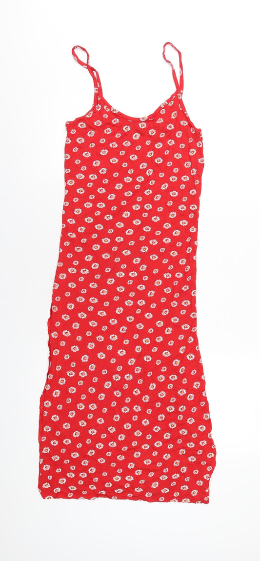 PRETTYLITTLETHING Womens Red Floral Viscose Bodycon Size 10 Scoop Neck Pullover