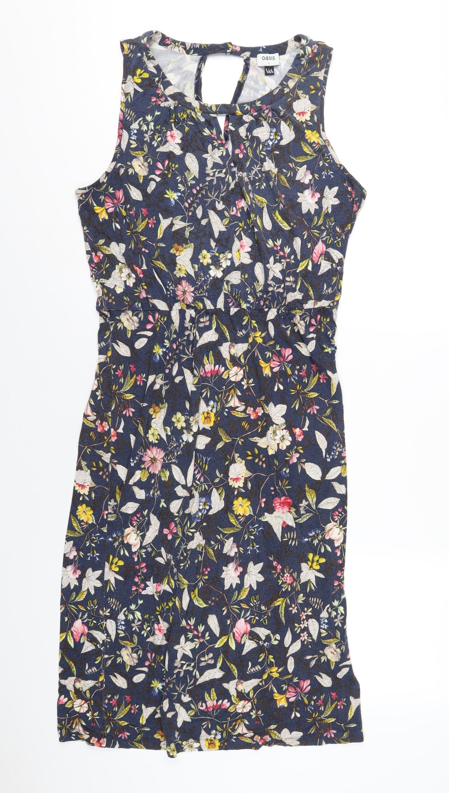 Oasis Womens Blue Geometric Viscose A-Line Size L Round Neck Pullover