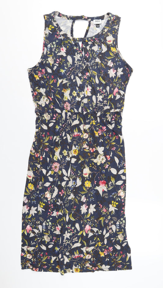 Oasis Womens Blue Geometric Viscose A-Line Size L Round Neck Pullover