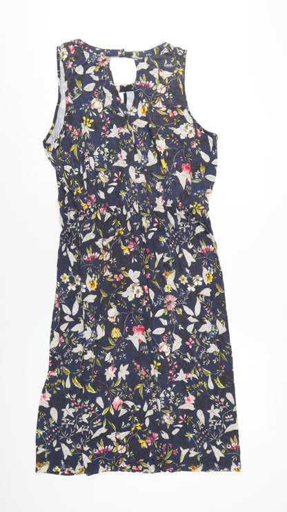 Oasis Womens Blue Geometric Viscose A-Line Size L Round Neck Pullover