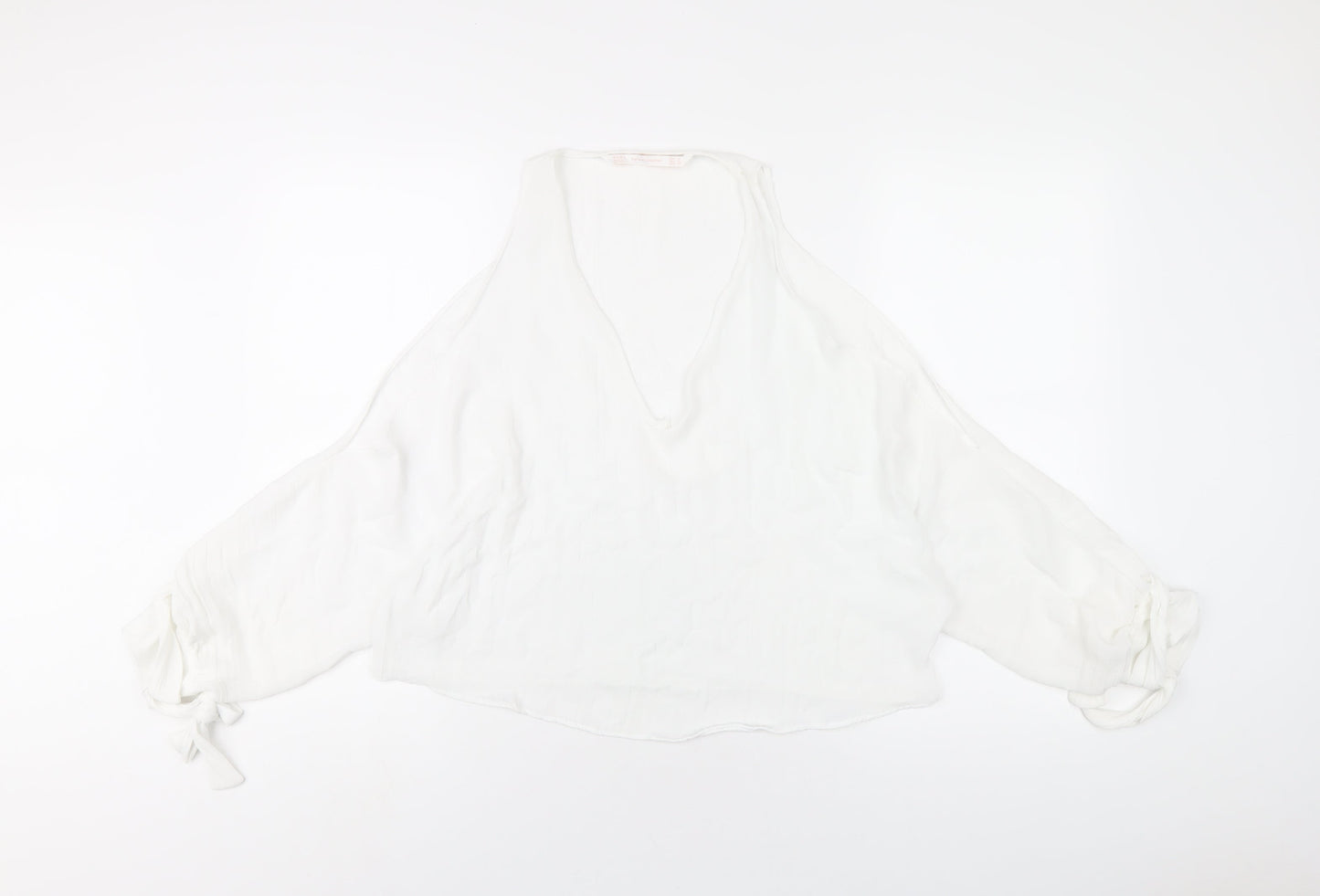 Zara Womens White Polyester Basic T-Shirt Size S V-Neck