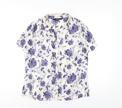 Bonmarché Womens White Floral Polyester Basic Button-Up Size 12 Collared