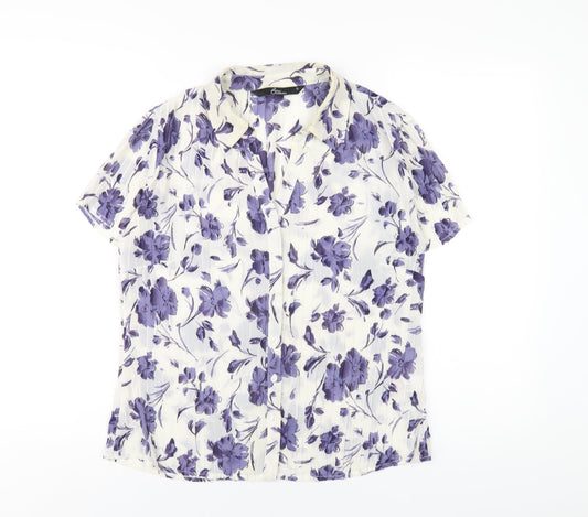 Bonmarché Womens White Floral Polyester Basic Button-Up Size 12 Collared