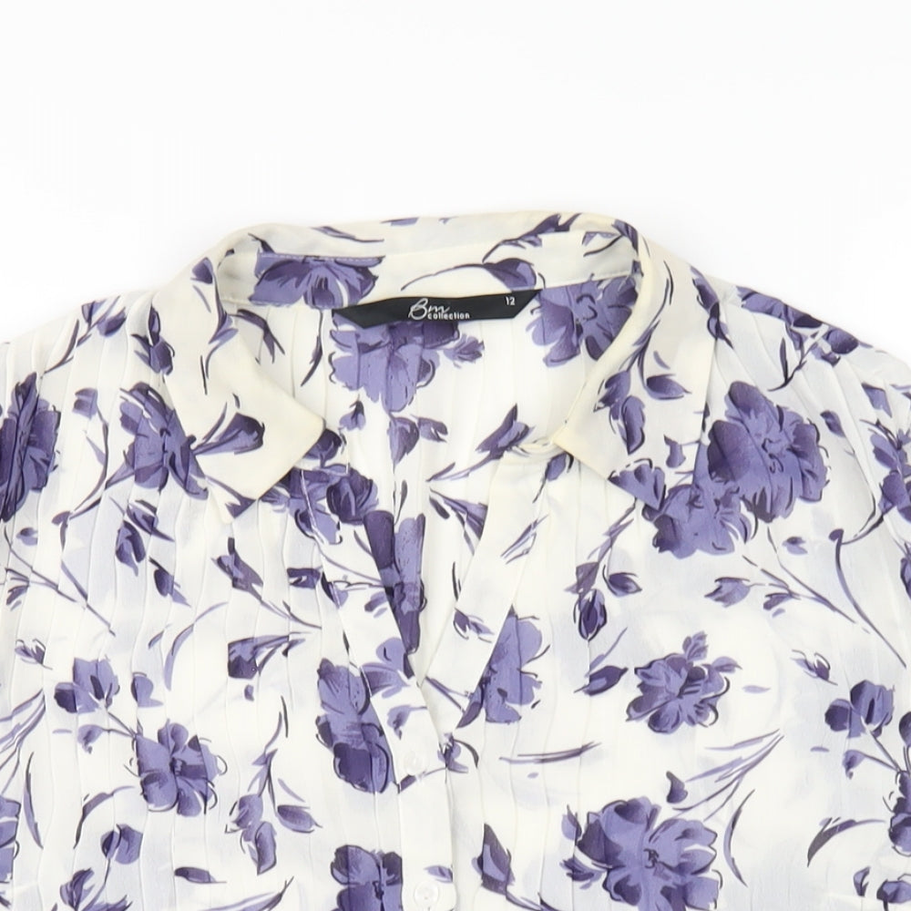 Bonmarché Womens White Floral Polyester Basic Button-Up Size 12 Collared