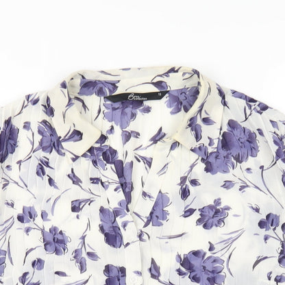 Bonmarché Womens White Floral Polyester Basic Button-Up Size 12 Collared