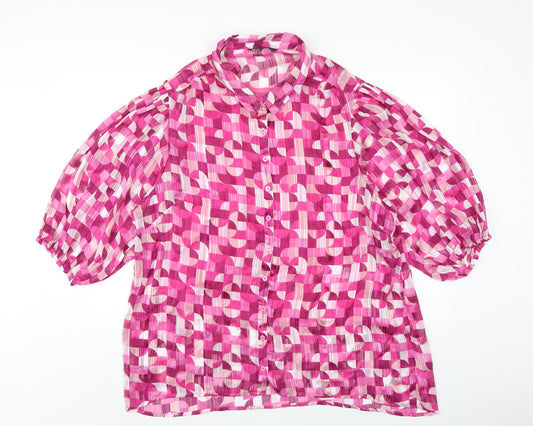 Bonmarché Womens Pink Geometric Polyester Basic Button-Up Size 22 Collared
