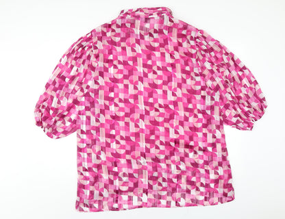 Bonmarché Womens Pink Geometric Polyester Basic Button-Up Size 22 Collared