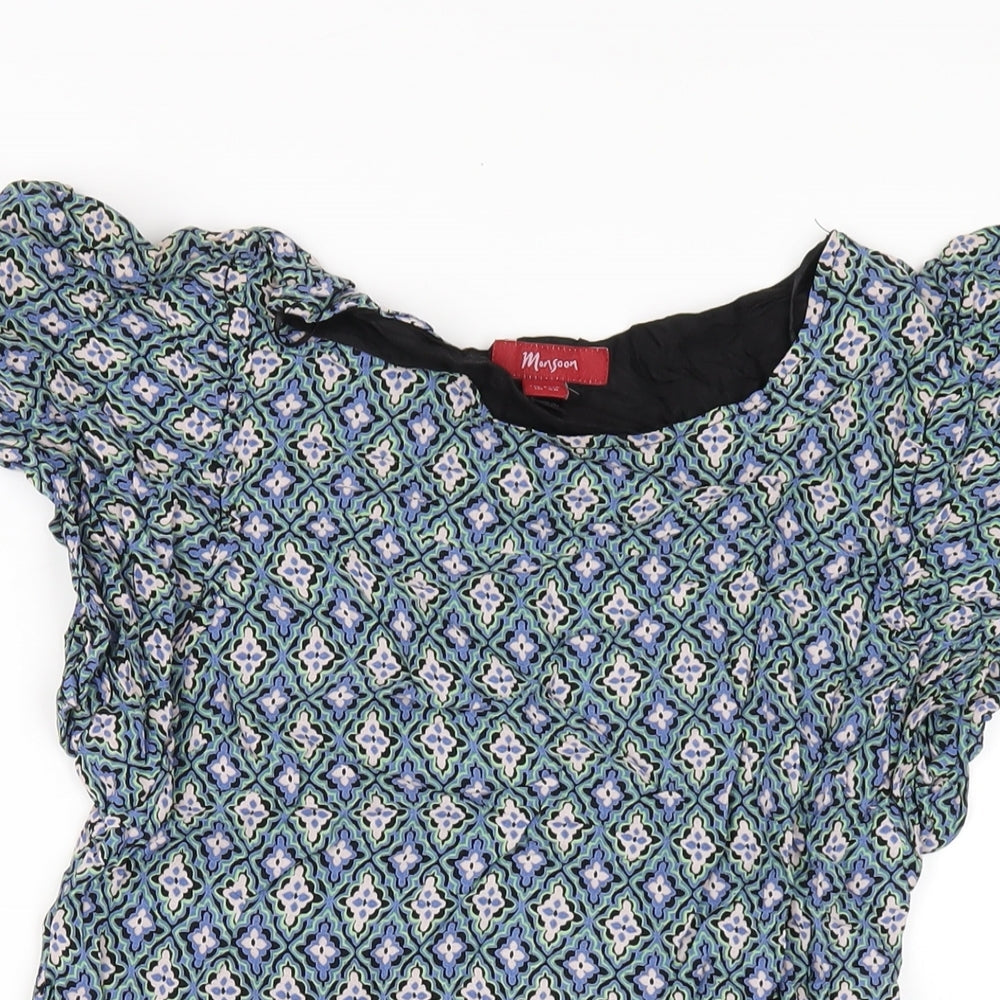 Monsoon Womens Multicoloured Geometric Viscose A-Line Size 10 Round Neck Zip