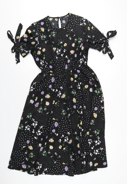 Boohoo Womens Black Floral Polyester A-Line Size 10 Round Neck Button