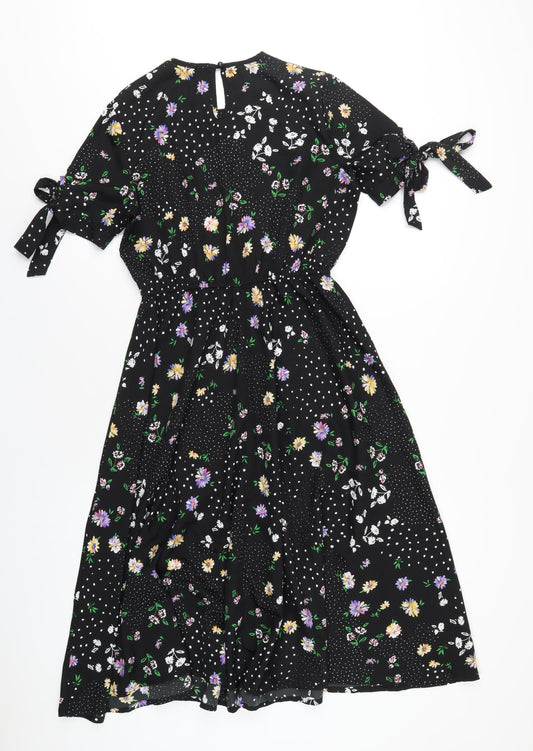 Boohoo Womens Black Floral Polyester A-Line Size 10 Round Neck Button