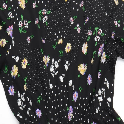 Boohoo Womens Black Floral Polyester A-Line Size 10 Round Neck Button