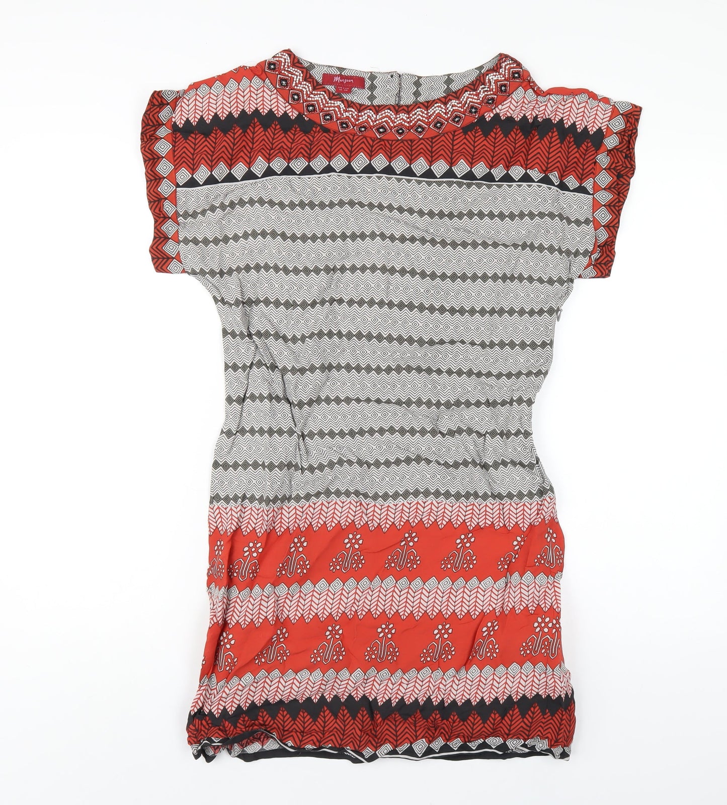Monsoon Womens Multicoloured Geometric Viscose A-Line Size 10 Round Neck Zip - Beaded Neckline