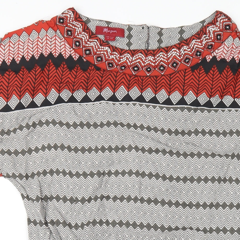 Monsoon Womens Multicoloured Geometric Viscose A-Line Size 10 Round Neck Zip - Beaded Neckline