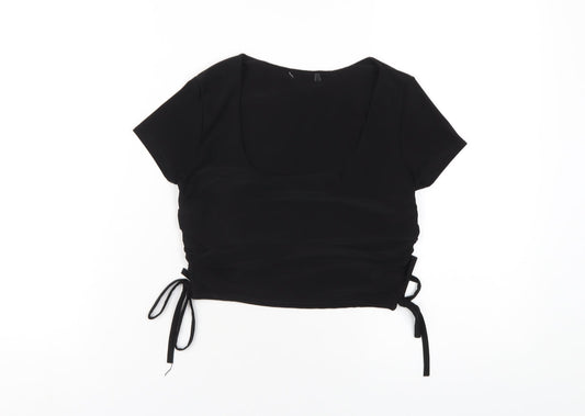 Boohoo Womens Black Polyester Cropped T-Shirt Size 10 Scoop Neck
