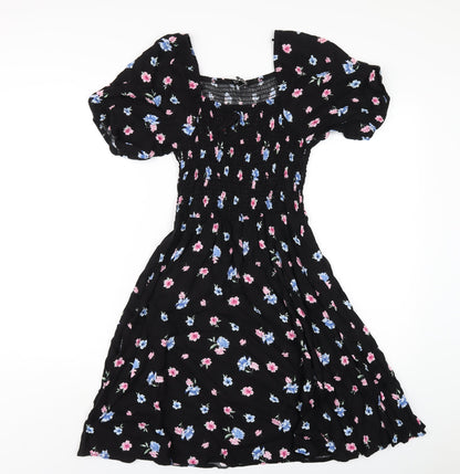 Select Womens Black Floral Viscose A-Line Size 8 Square Neck Pullover
