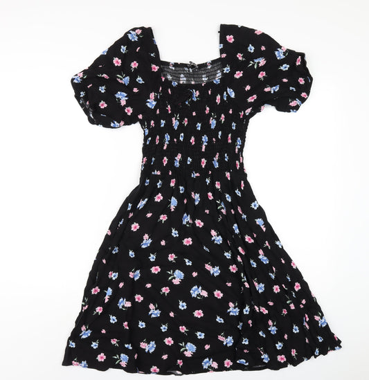 Select Womens Black Floral Viscose A-Line Size 8 Square Neck Pullover