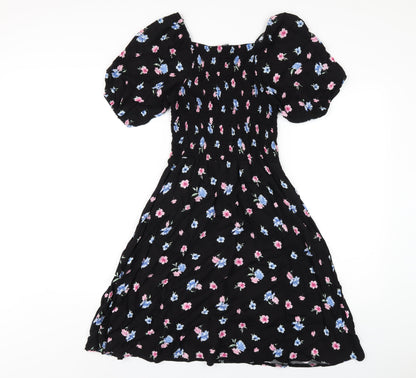 Select Womens Black Floral Viscose A-Line Size 8 Square Neck Pullover