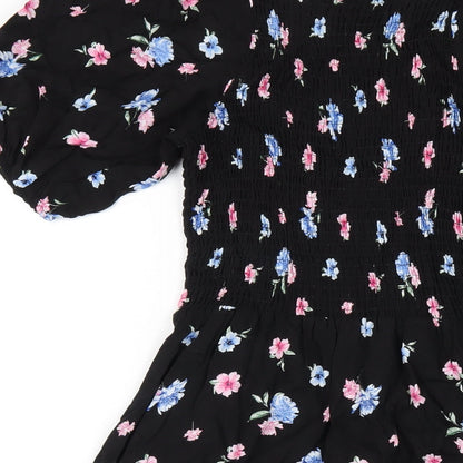 Select Womens Black Floral Viscose A-Line Size 8 Square Neck Pullover