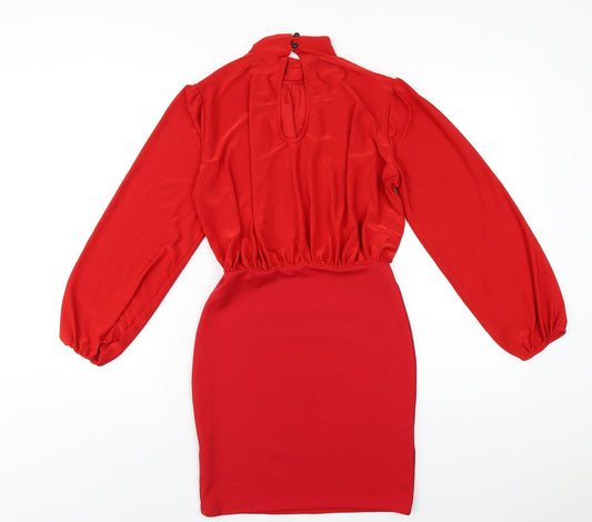 Edge Street Womens Red Polyester Bodycon Size 10 Mock Neck Button