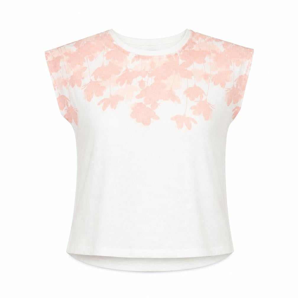 Bassini Womens White Floral Polyester Basic T-Shirt Size 14 Round Neck