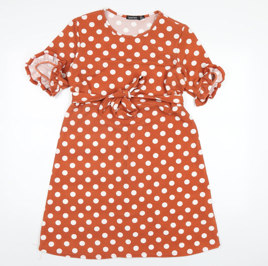 Boohoo Womens Brown Polka Dot Polyester A-Line Size 12 Round Neck Pullover