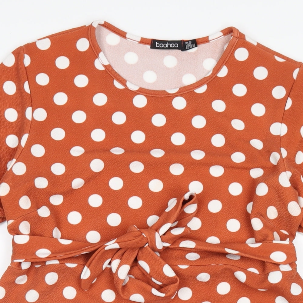Boohoo Womens Brown Polka Dot Polyester A-Line Size 12 Round Neck Pullover